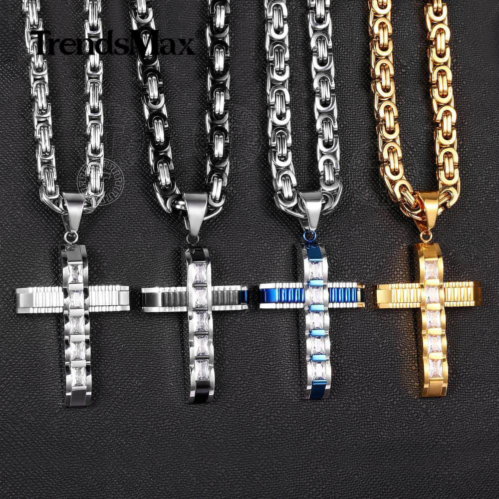18-30“ Stainless Steel CZ Rhinestone Cross Pendant Necklace Flat Byzantine Chain
