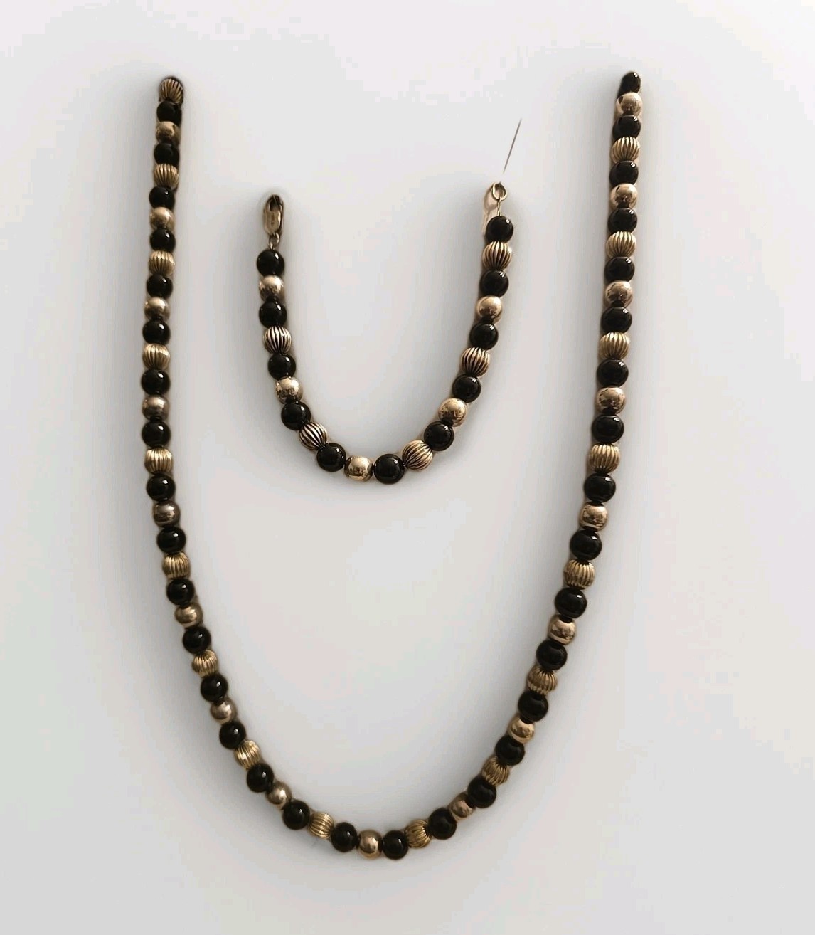 DOBBS 925 STER SIL RIBBED POLISHED BEADS ONYX NECKLACE 30 IN./BRACELET 7 IN. SET