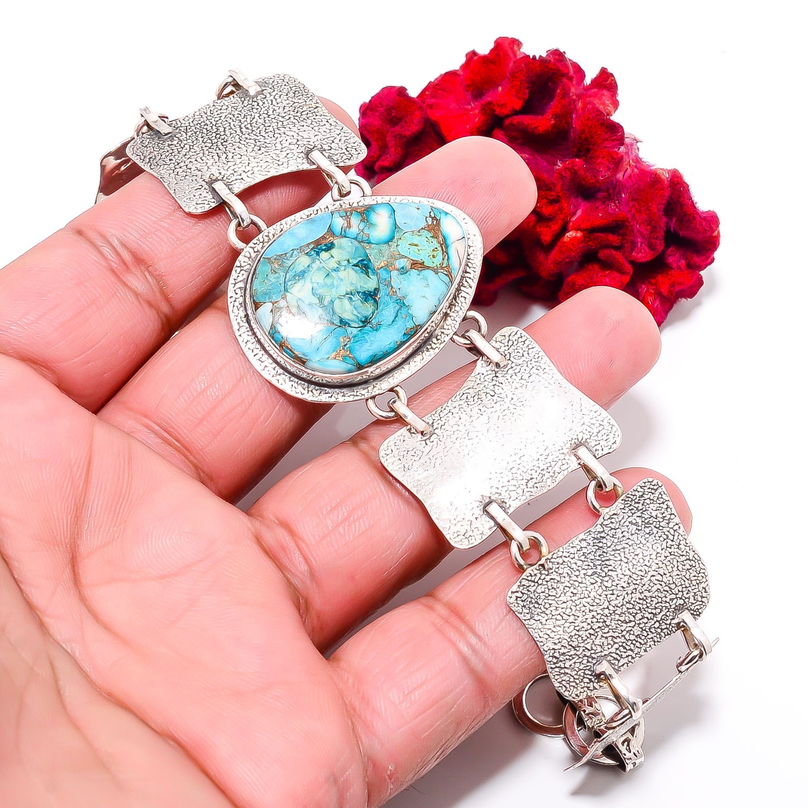 Copper Magnesite Turquoise 925 Sterling Textured Silver Bracelet 8.99″ B84367