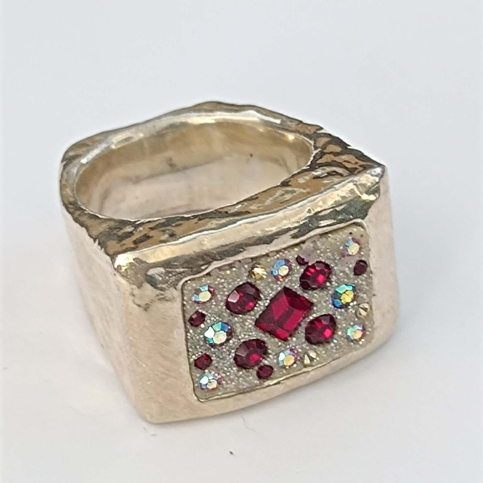 Chunky Silver Statement Ring Hammered Puffy Dramatic Bold Red Orit Schatzman 925