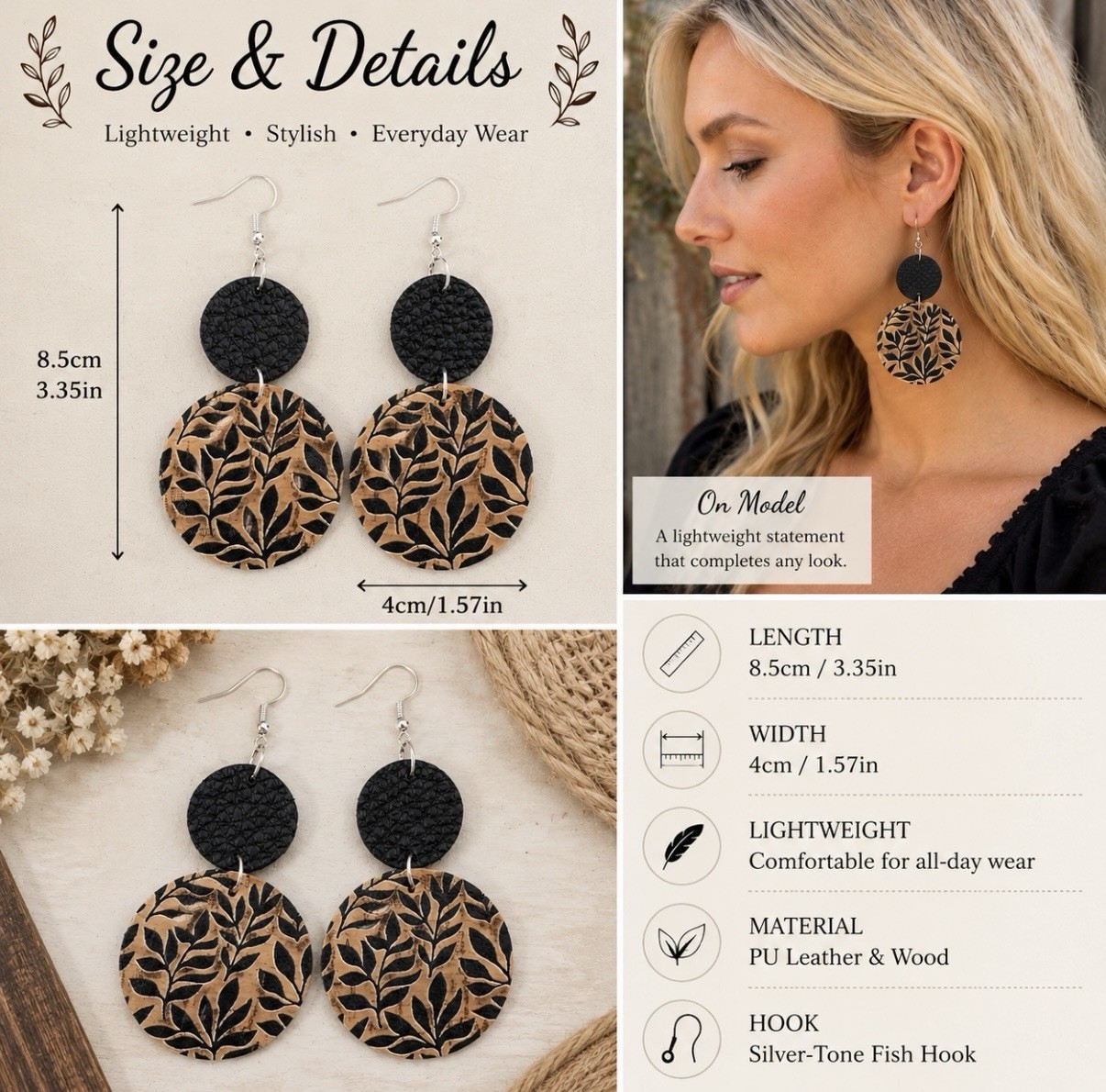 Black Beige Leaf Pattern Faux Leather Wood Round Dangle Earrings Hook 8.5cm