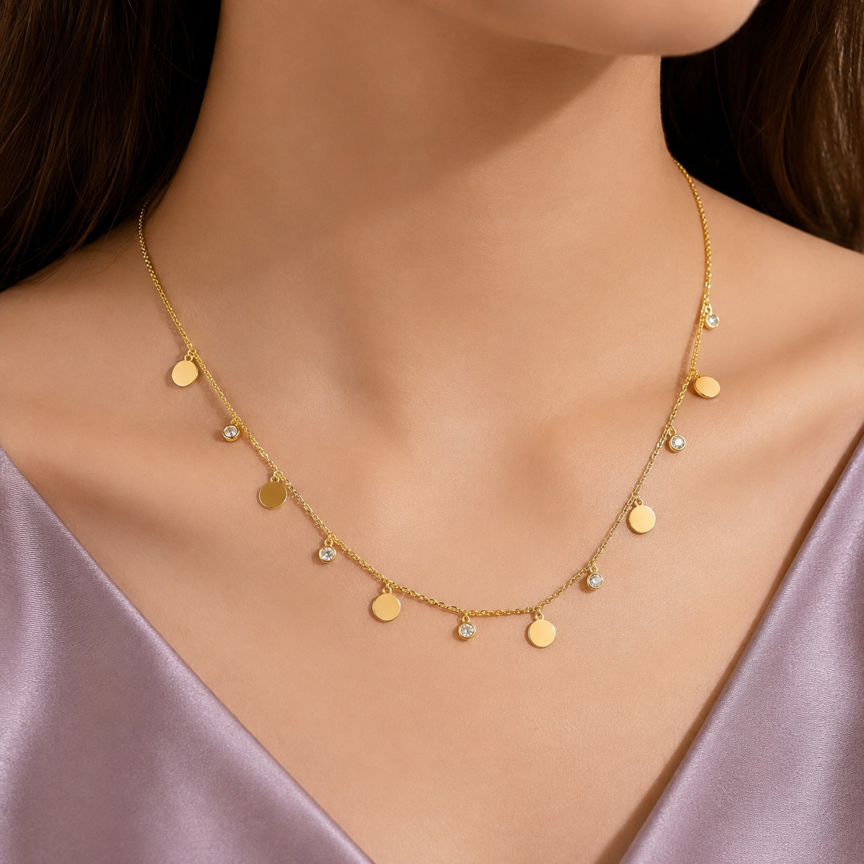 Elegant Gold Tone Disc Charm Necklace with Crystal Accents – Minimalist Fashion