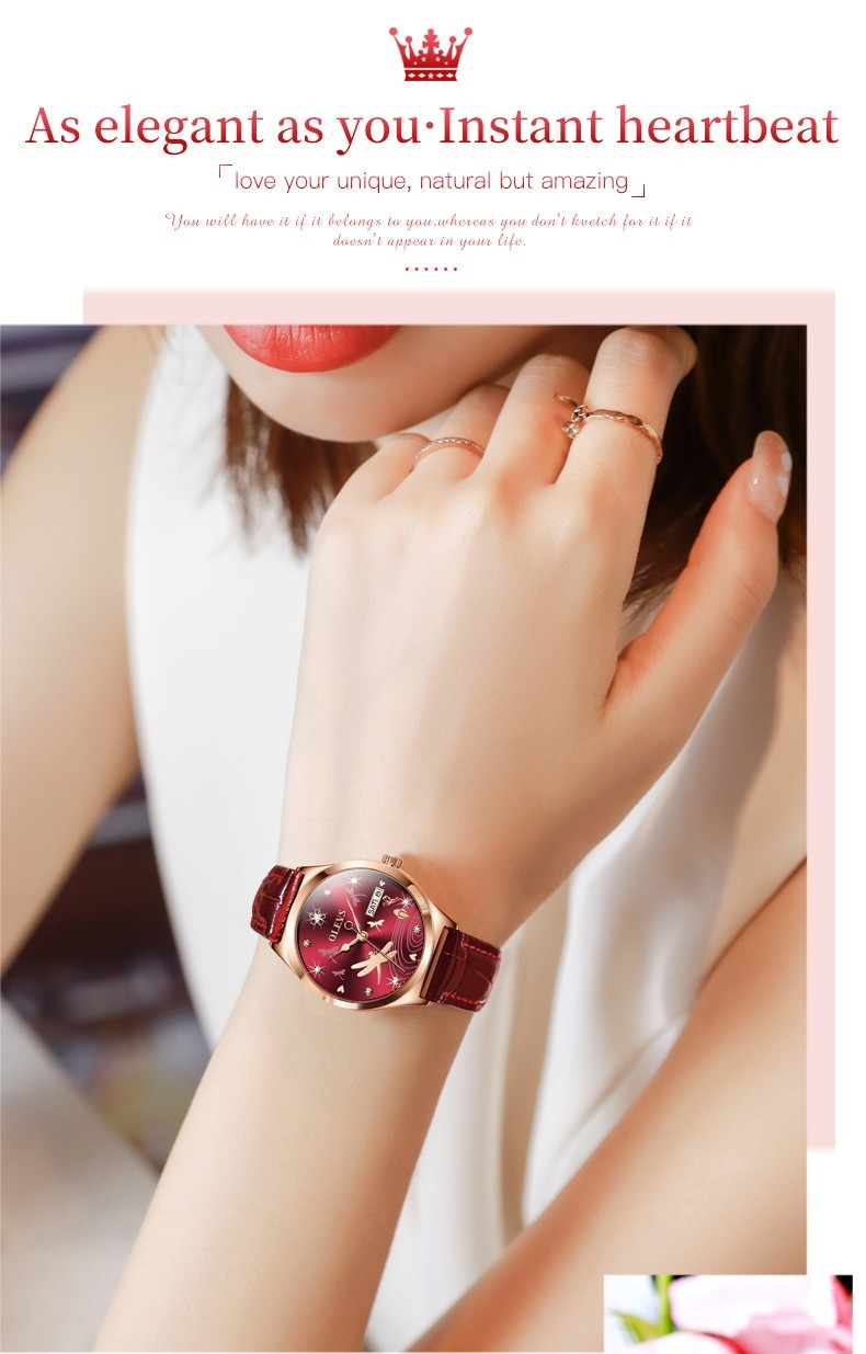 OLEVS 6611 Leather Dragonfly Style Automatic Female Dress Mechanical Wristwatch