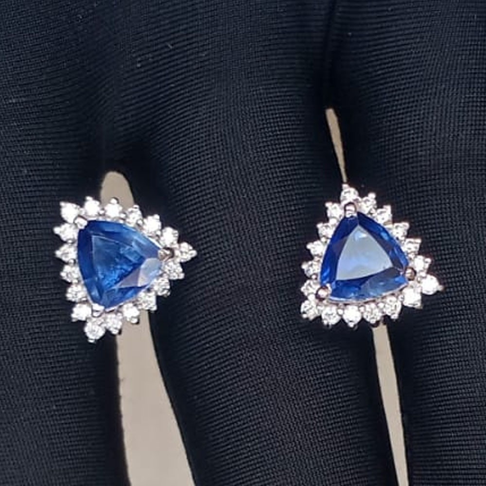 5Ct Trillion Natural Tanzanite & Diamond Stud Pair Earring 18k White Gold Plated