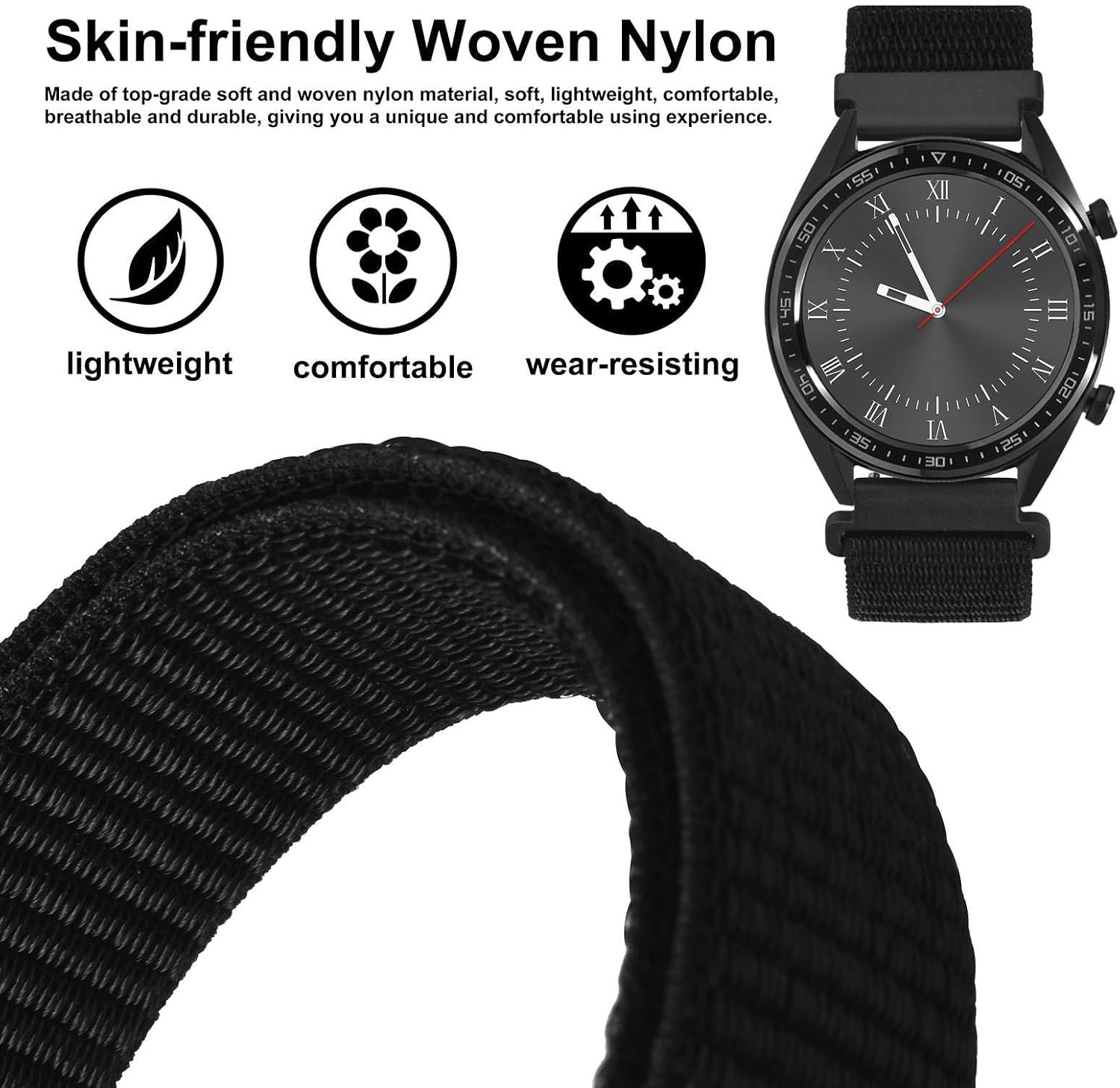 Watch Band 20mm Adjustable Nylon Quick Release Sport Loop Strap Black