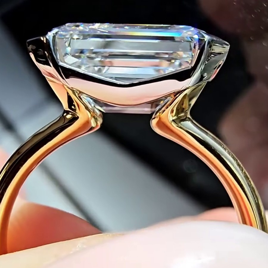 3.0 CT Emerald Cut Moissanite Half Bezel Engagement Ring 14K Yellow Gold Plated