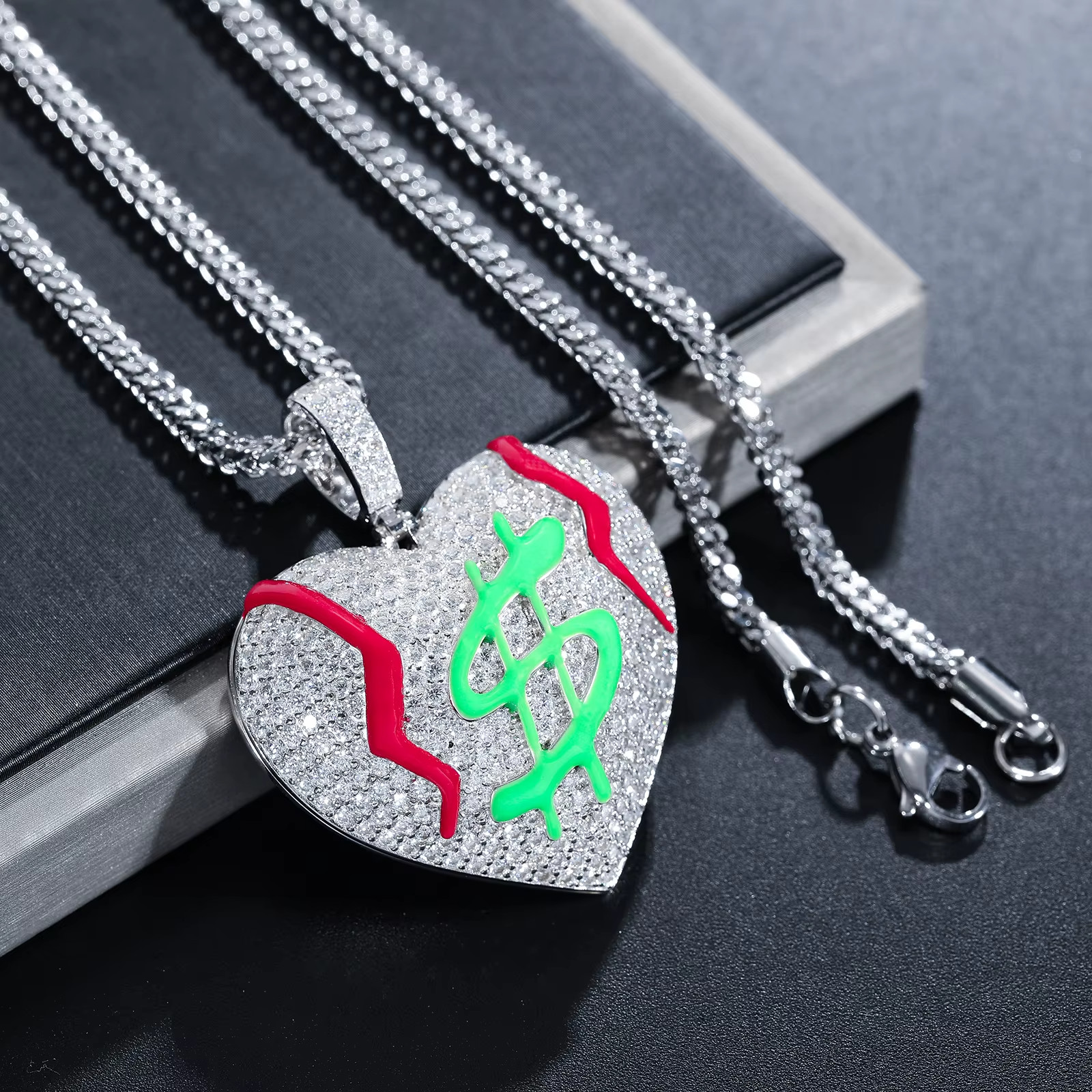 Glow in Dark Money Heart Moissanite Pendant 925 Silver Iced Out Hip Hop Jewelry