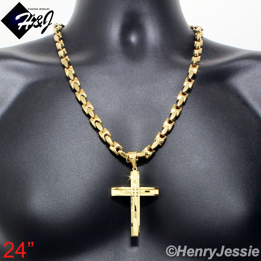 18″-40″MEN Stainless Steel 8mm Gold Plated Interlock Bone Chain Cross Pendant*A