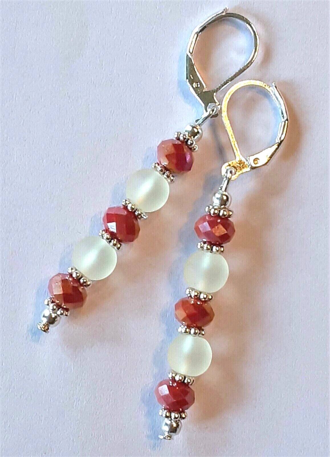 FACETED & FROSTED red and white drop earring SP LEVERBACK HANDCRAFTED #300-15
