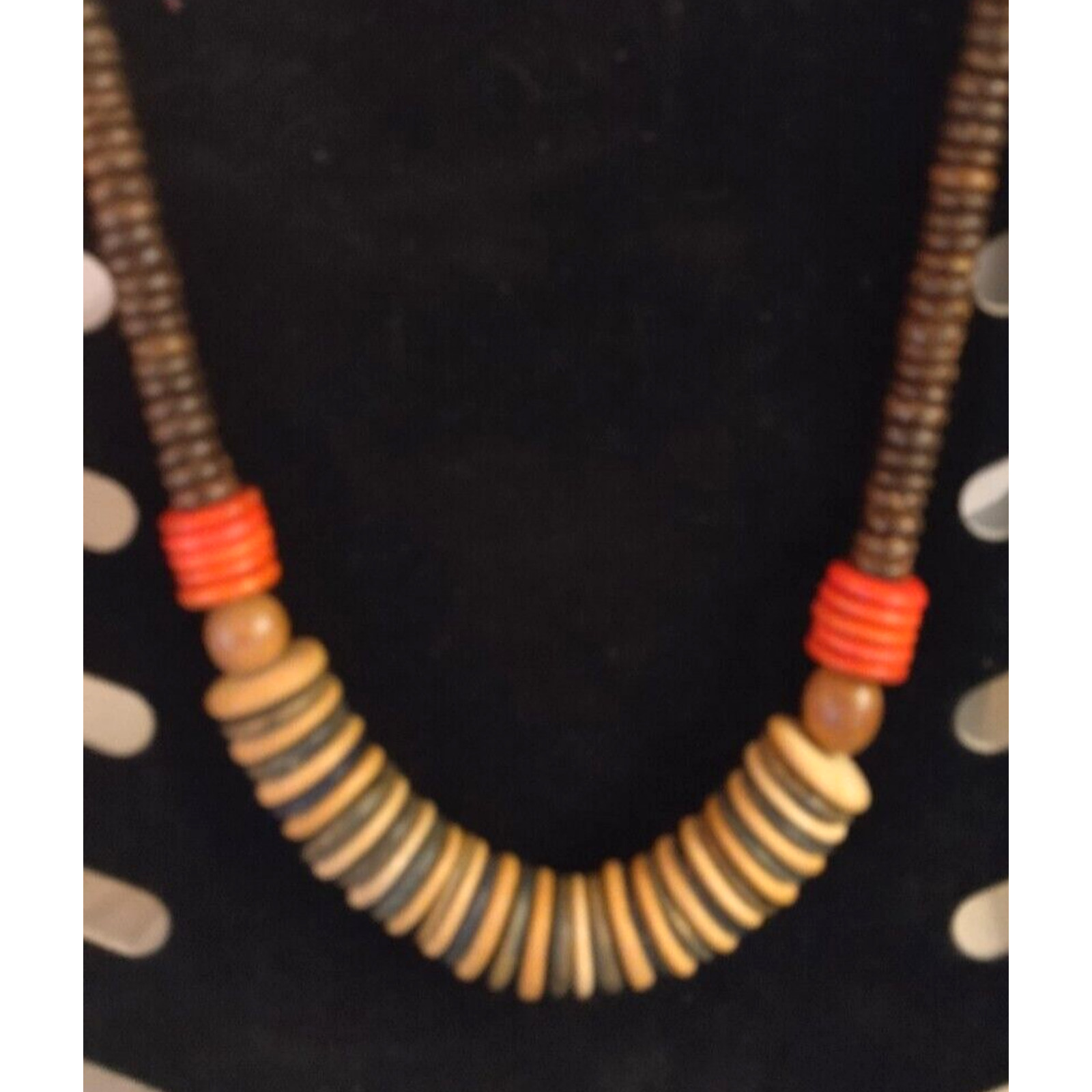 Vintage 24″ Chunky Wooden Round Disc Bead Necklace Brown Orange Tan Multi Colors