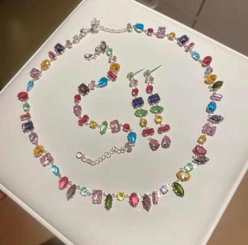 “Rainbow Crystal Necklace Bracelet Earrings Set Silver-Tone Statement Jewelry”