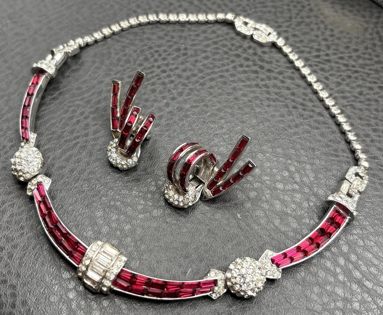 Vintage Boucher 3227 Red Baguette Rhinestone Necklace Clip On Earring Set