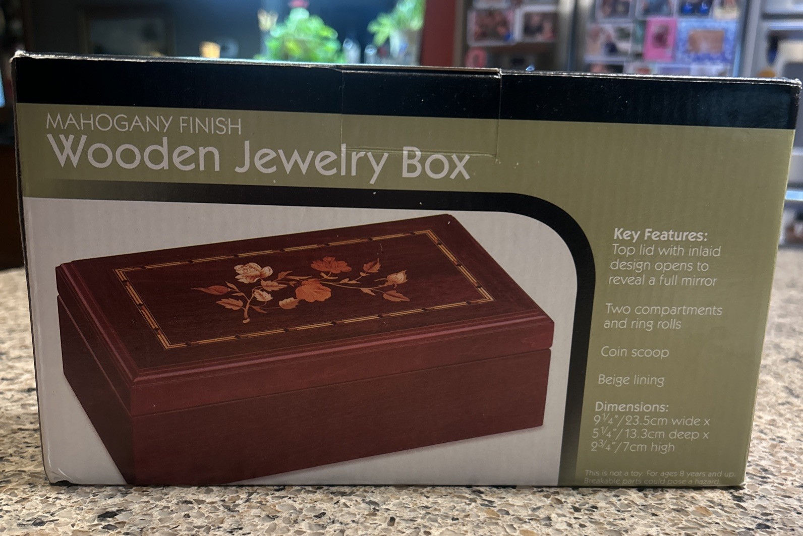 Mahogany Finish Wooden Jewelry Box NEW Table Top Hinged Lid