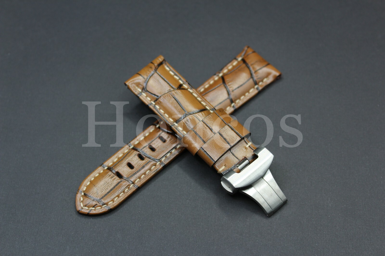 24MM Brown Leather Alligator Watch Band Strap Deployment Buckle Fits For Panerai