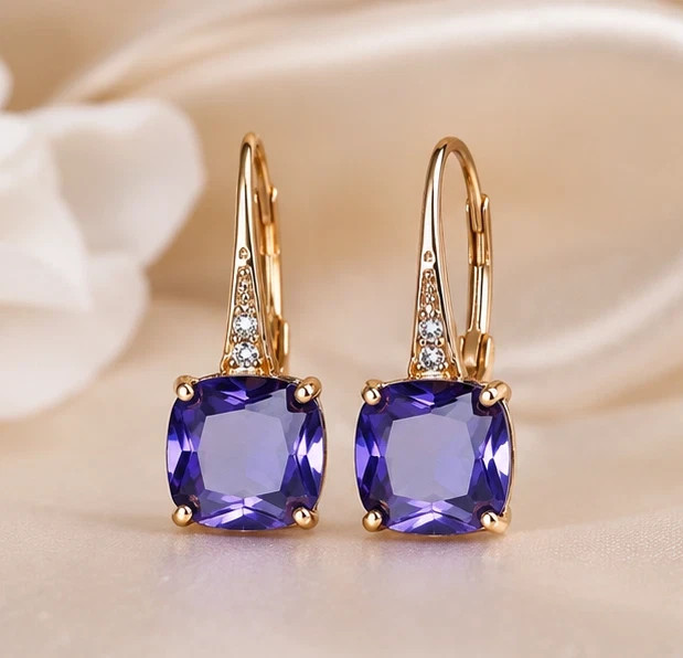 Cushion Cut Lab Created Tanzanite Women’s Hoop Earring in 14k Yellow Gold Plated