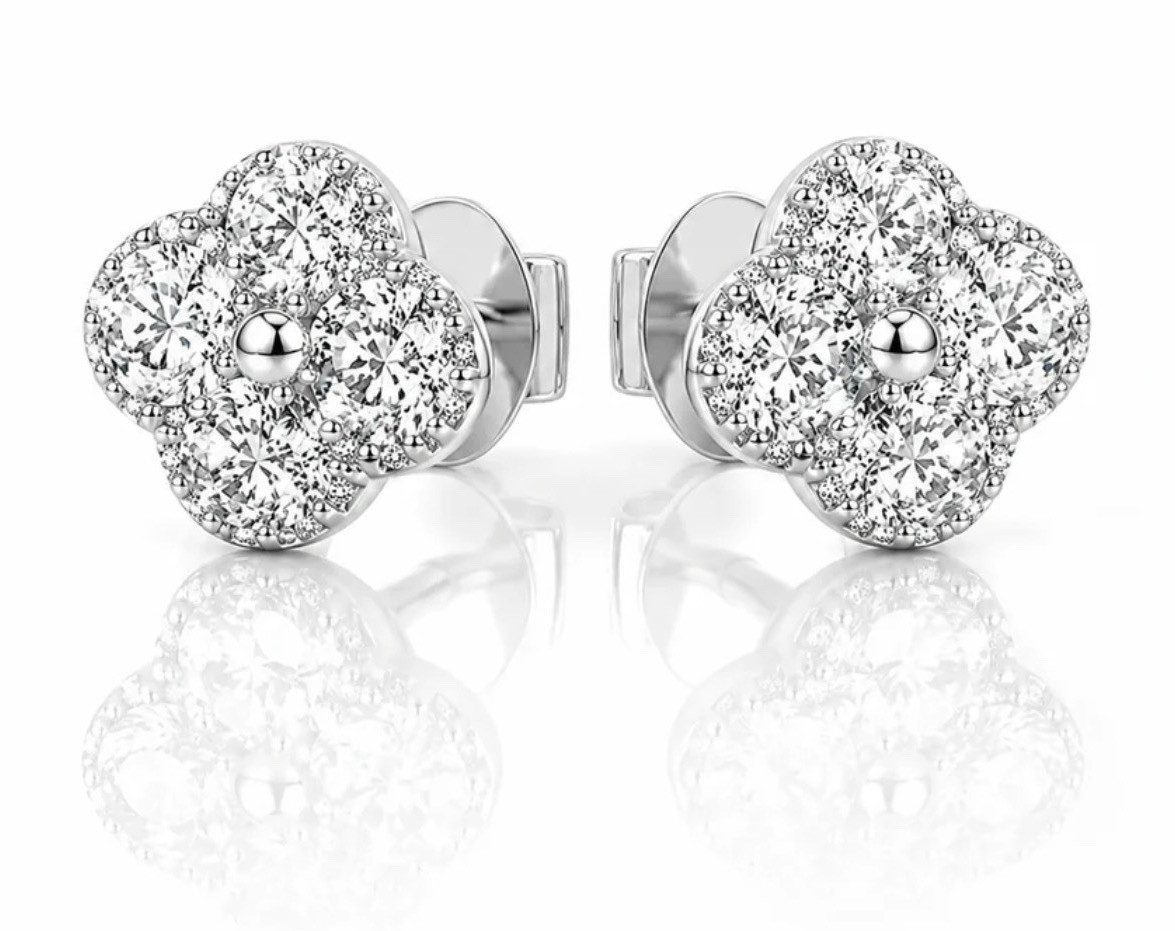 Silver Tone Flower Pavé Crystal Stud Earrings Butterfly Back