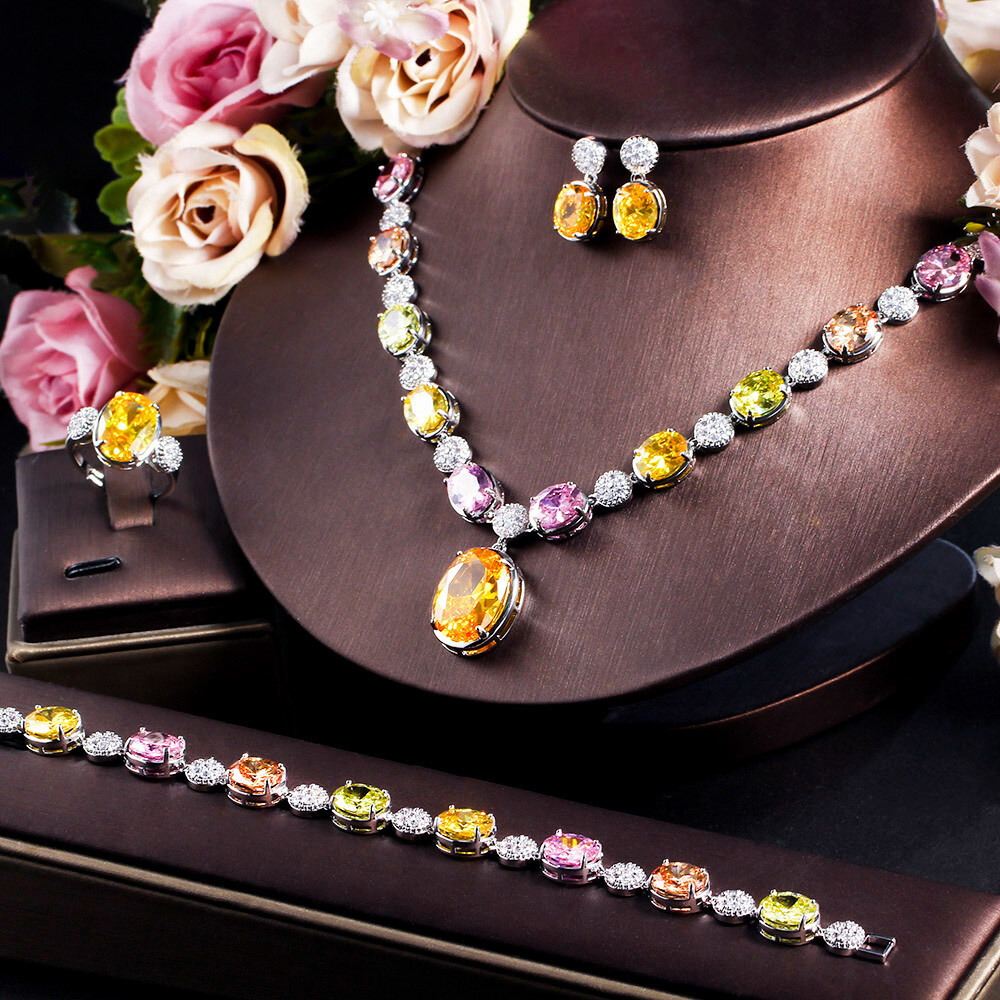 Multicolored Rainbow CZ Necklace Earring Bracelet Ring Set Silver Plated Jewelry