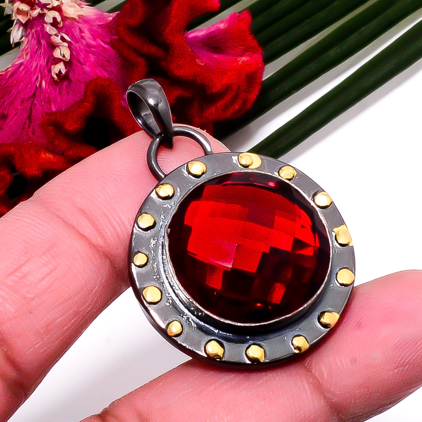 Red Garnet Black And Gold Plated Designer 925 Sterling Silver Pendant 1.64″ Su38