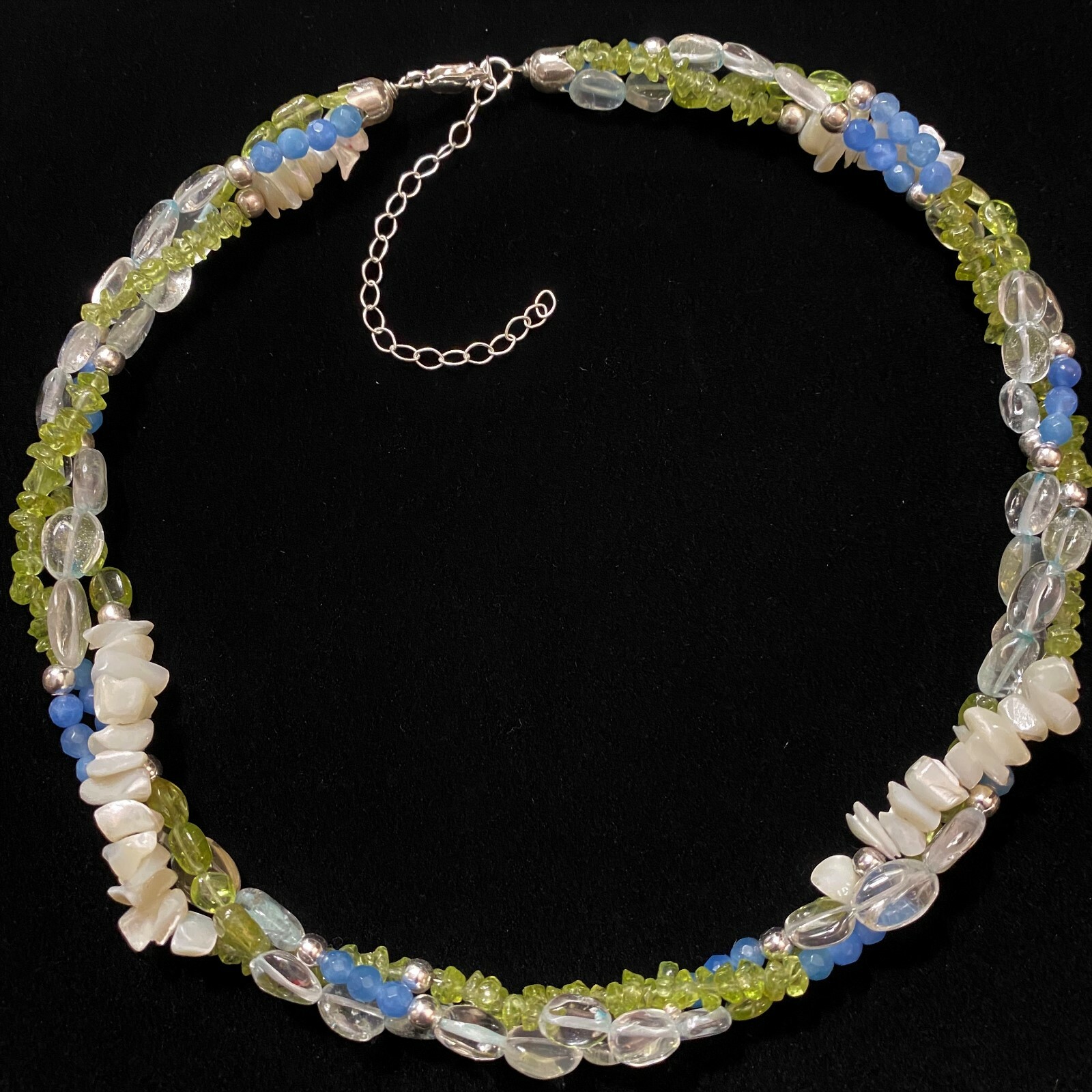 ESTATE STERLING SILVER PERIDOT MOTHER OF PEARL QUARTZ LACE AGATE NECKLACE 18″