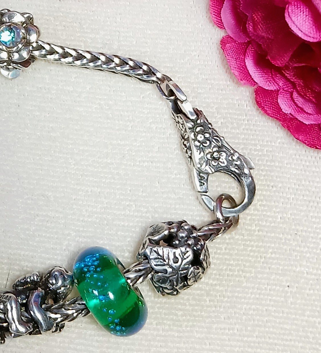 TROLLBEADS Denmark Lace Flower Sterling Silver Foxtail Bracelet~ 7-1/2″ Retired