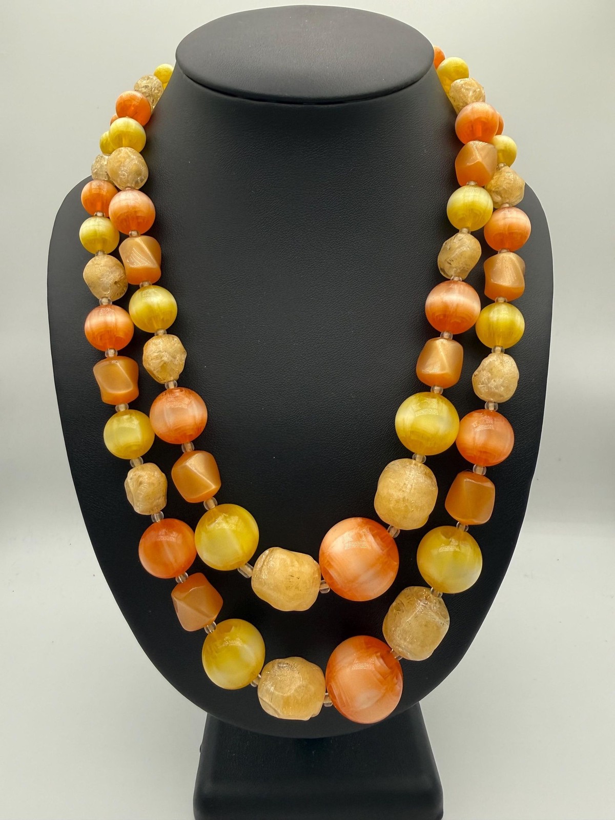 Vintage Coro Moonglow Lucite Necklace, 1950s Fruit Salad Beads, Orange Yellow Bu