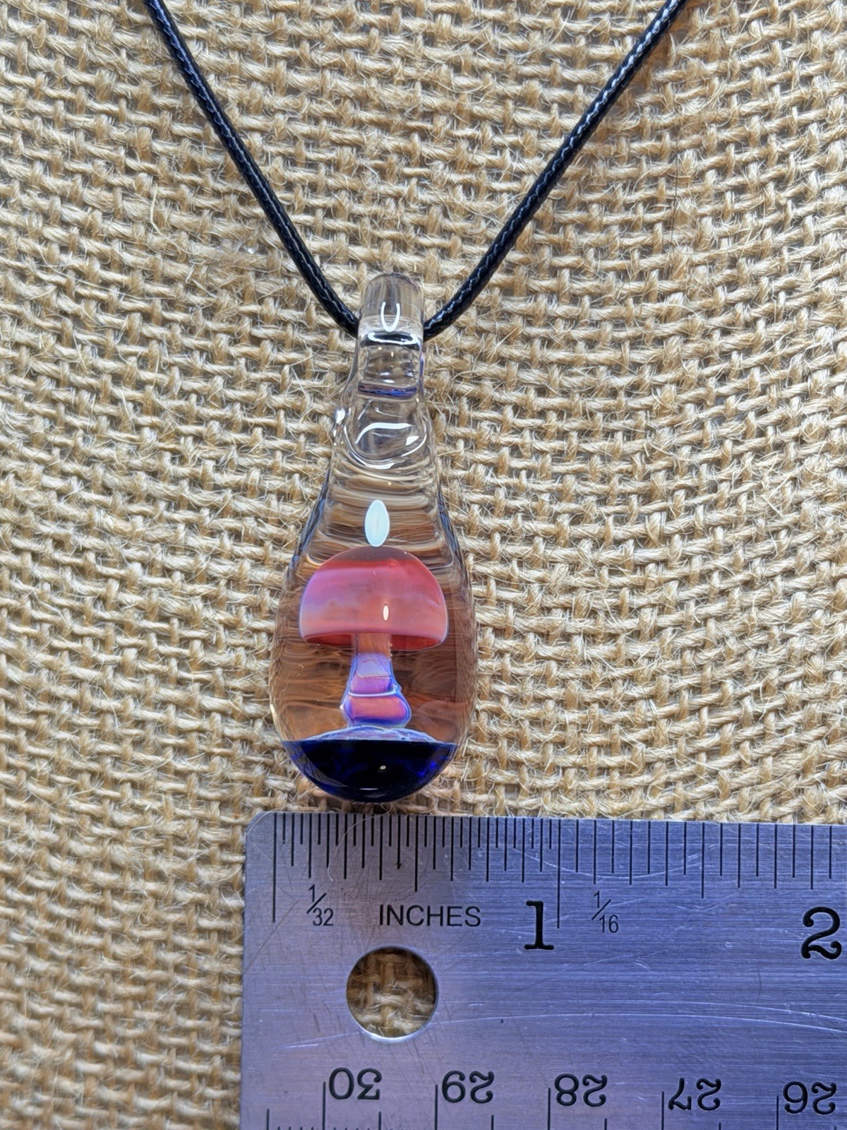 Glass Teardrop Mushroom Pendant in reds and purples with cobalt blue base