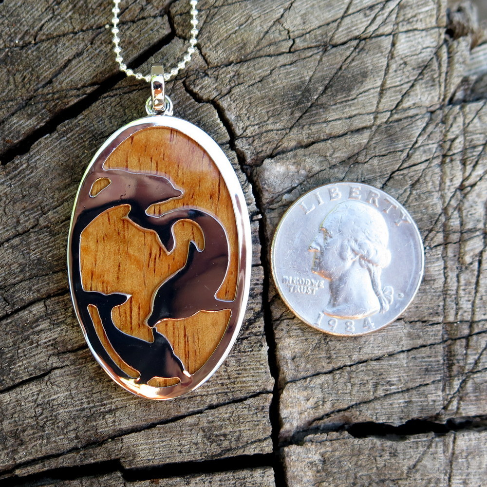 Koa Wood Hawaii Jewelry Dolphin Oval Silver Rhodium Plated Brass Pendant BRP1069