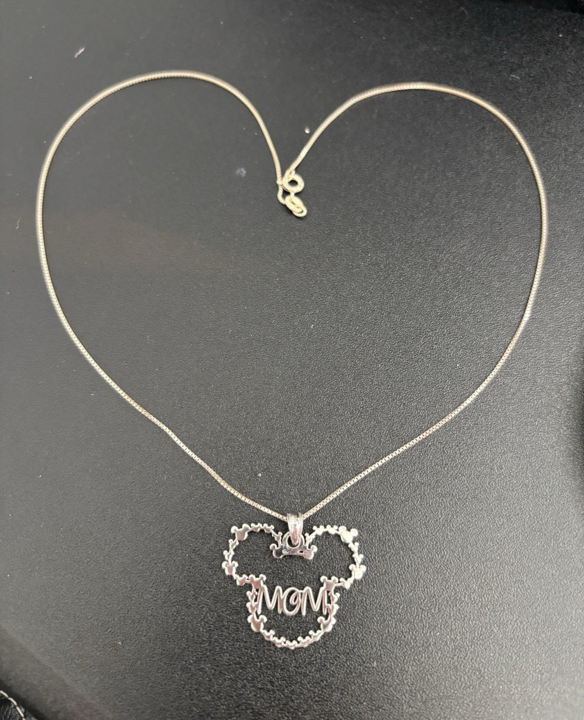 925 Sterling Silver Signed MOM Mickey Mouse Pendant Box Chain Necklace