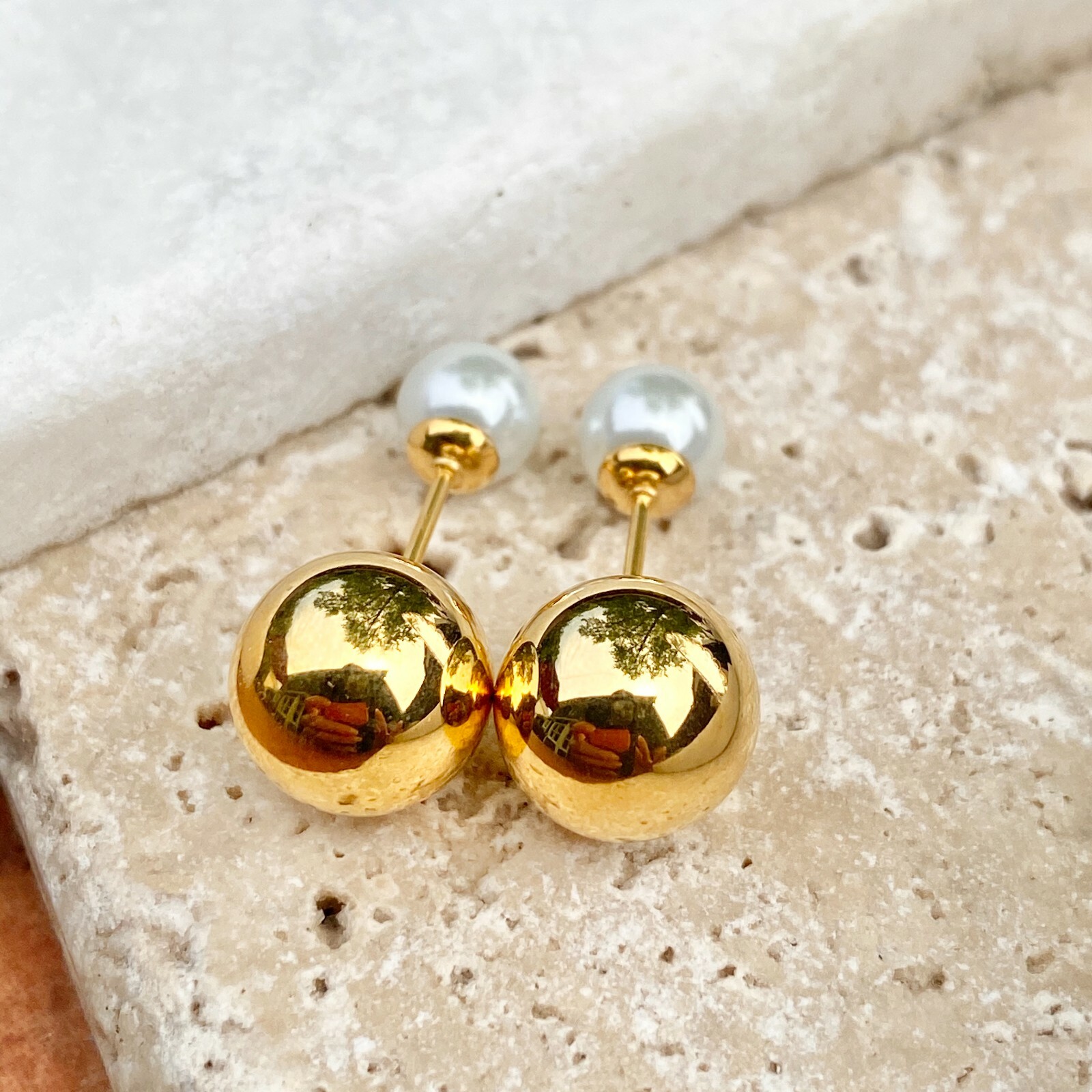 Stainless Steel Double Ended White Pearl + Gold Ball Post Stud Earrings NEW