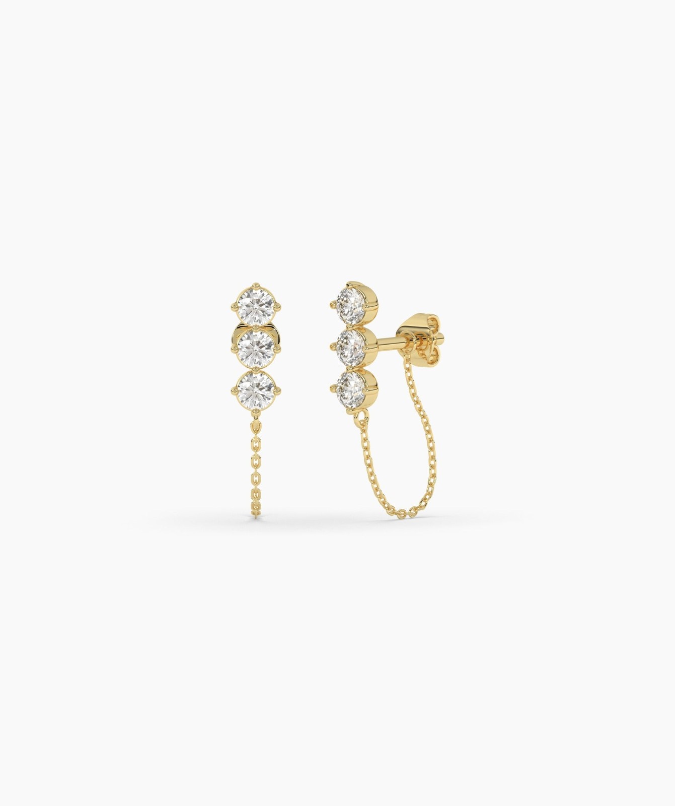 14K Gold Round Lab Grown Diamond Three Stone Climber with Chain Loop Earrings