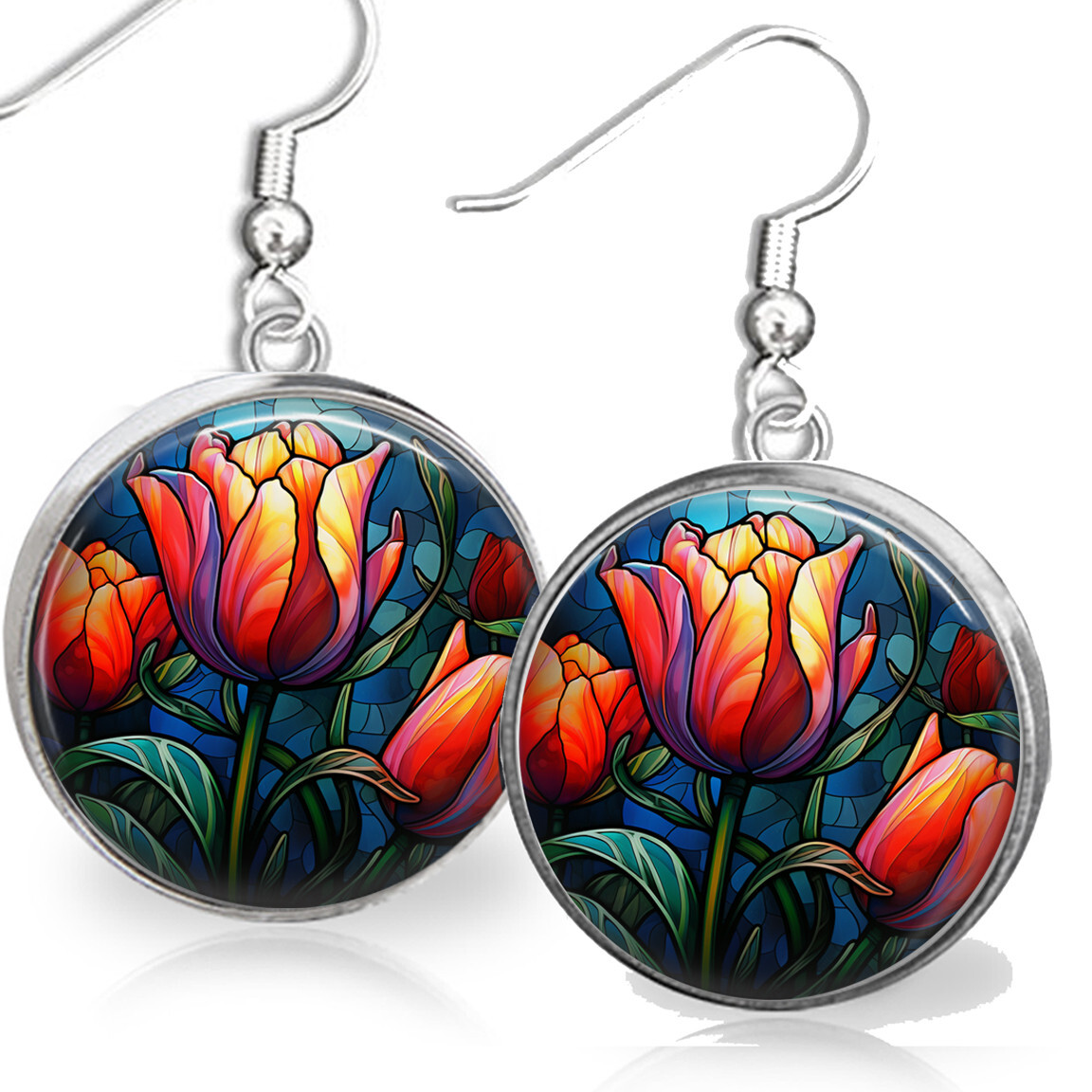 Tulip Earrings April Birth Month Flower Birthday Gift Faux Stained Glass Art