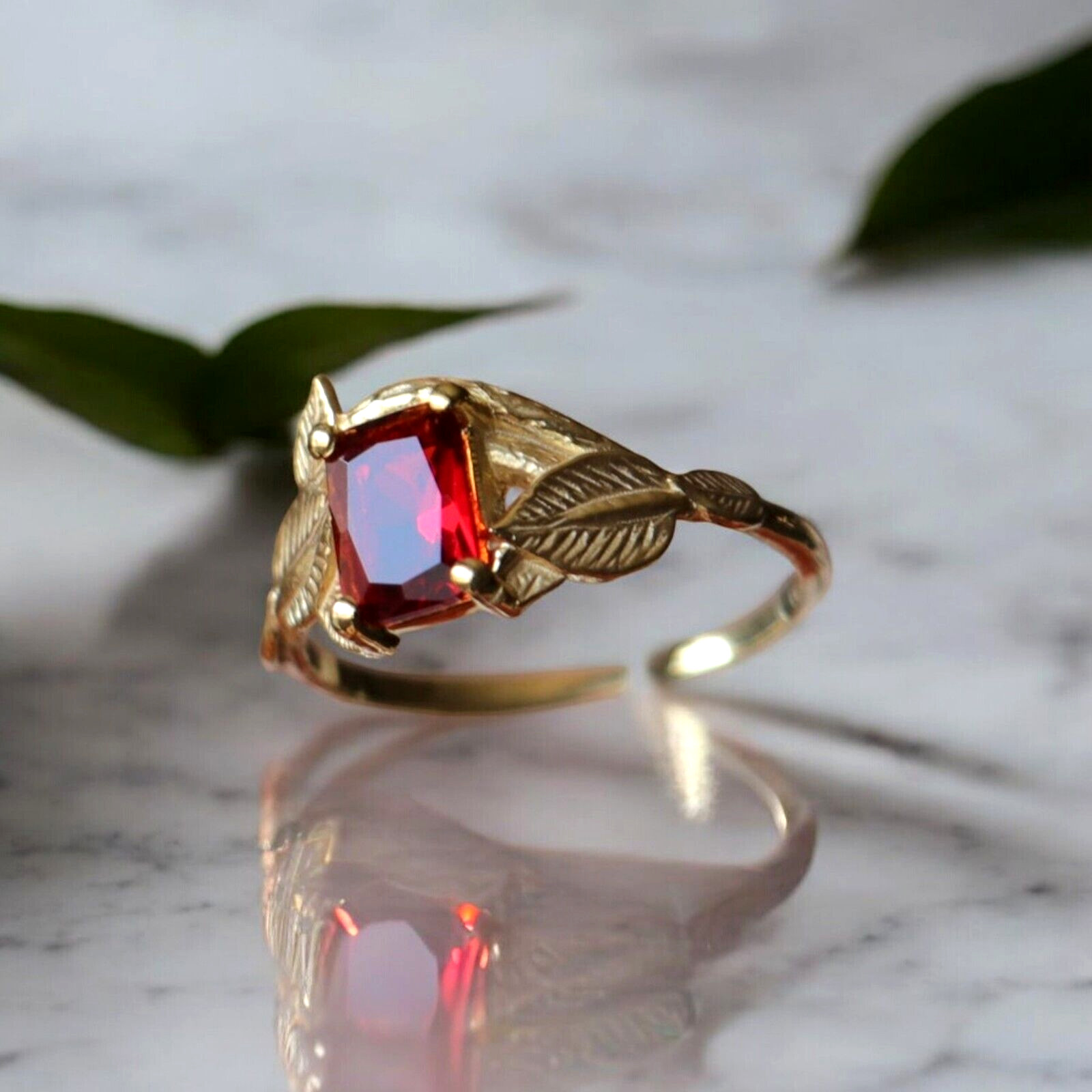 Lovely Emerald Cut Red Ruby Simulated Diamond Leaf Proposal Ring 10k Yellow Gold