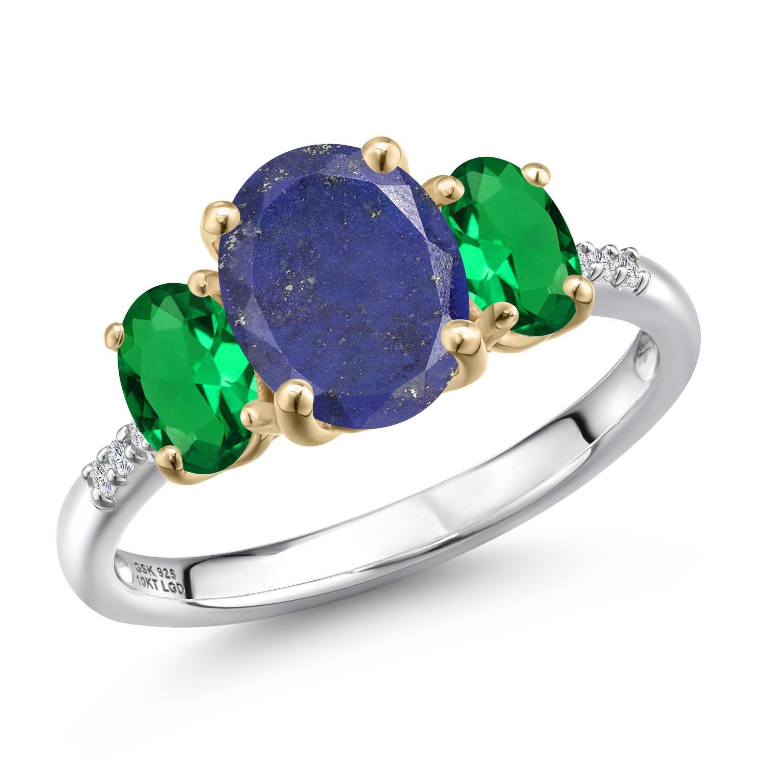 925 Silver and 10K Yellow Gold Blue Lapis and Nano Emerald and Lab Grown