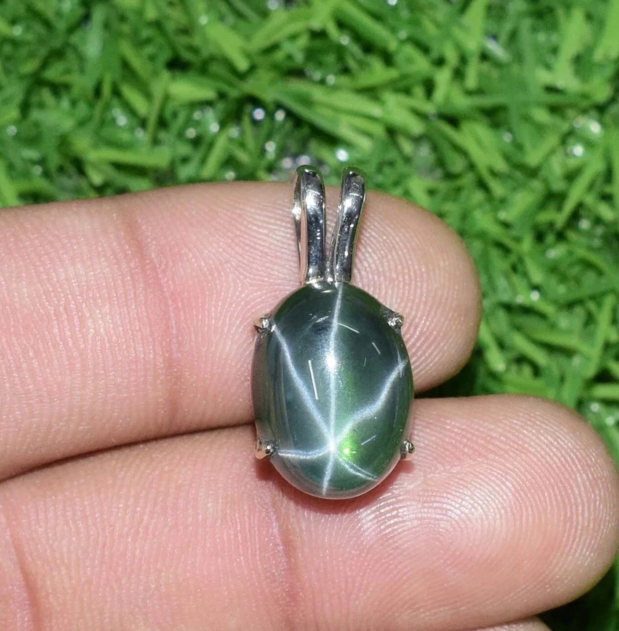 15 Ct Natural Oval 6 Rays Green Star Sapphire Gemstone Sterling Silver Pendant
