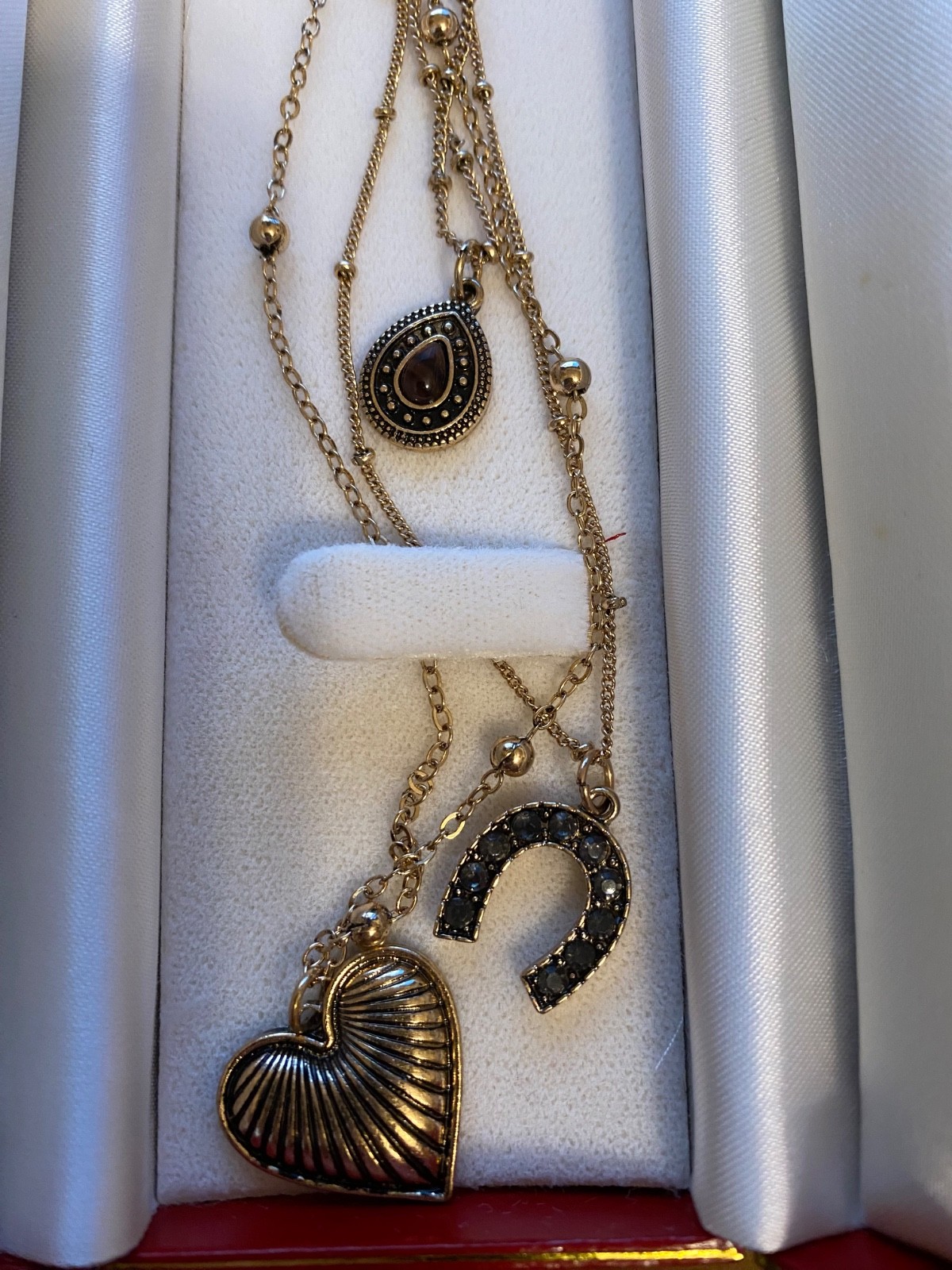 3 NEW BUCKLE Sterling & Stitch Necklaces Gold Chains Heart Horse shoe Tear drop