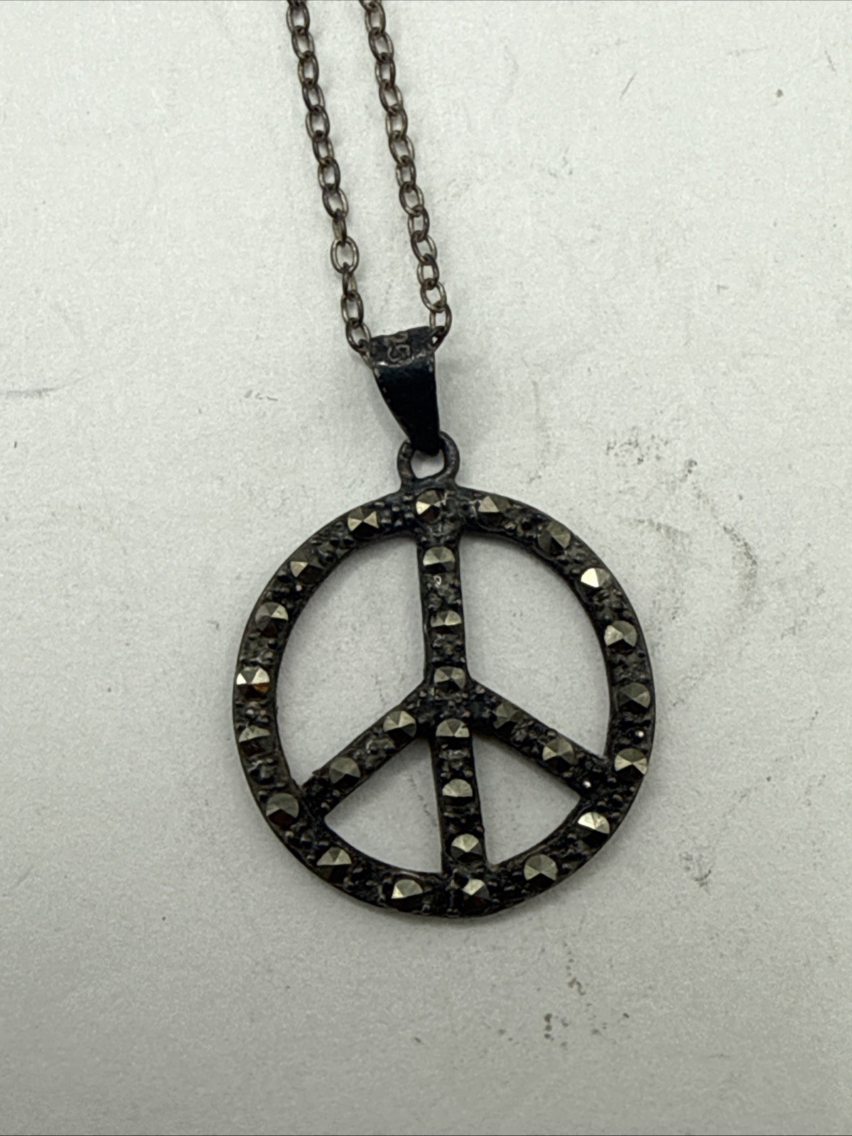 Sterling Silver Peace Sign Necklace 17”-20” Variable Length Marcasite Stone