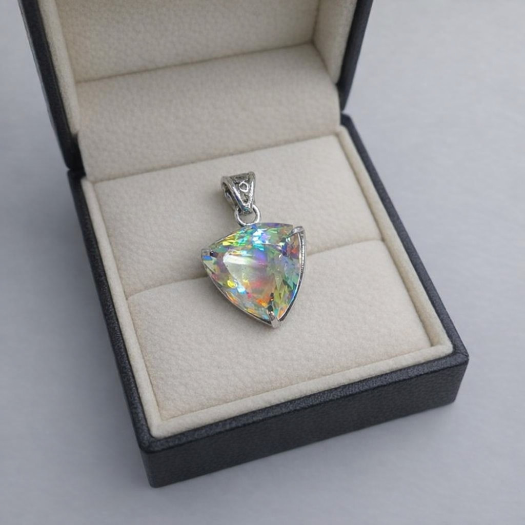 Handmade Trillion Mystic Topaz Pendant Necklace | 50-60 Ct Rainbow Crystal