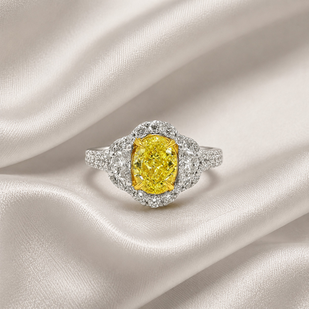 GIA Fancy Vivid Yellow Natural Diamond Ring 18K White Gold | 2.14ctw | Half Moon