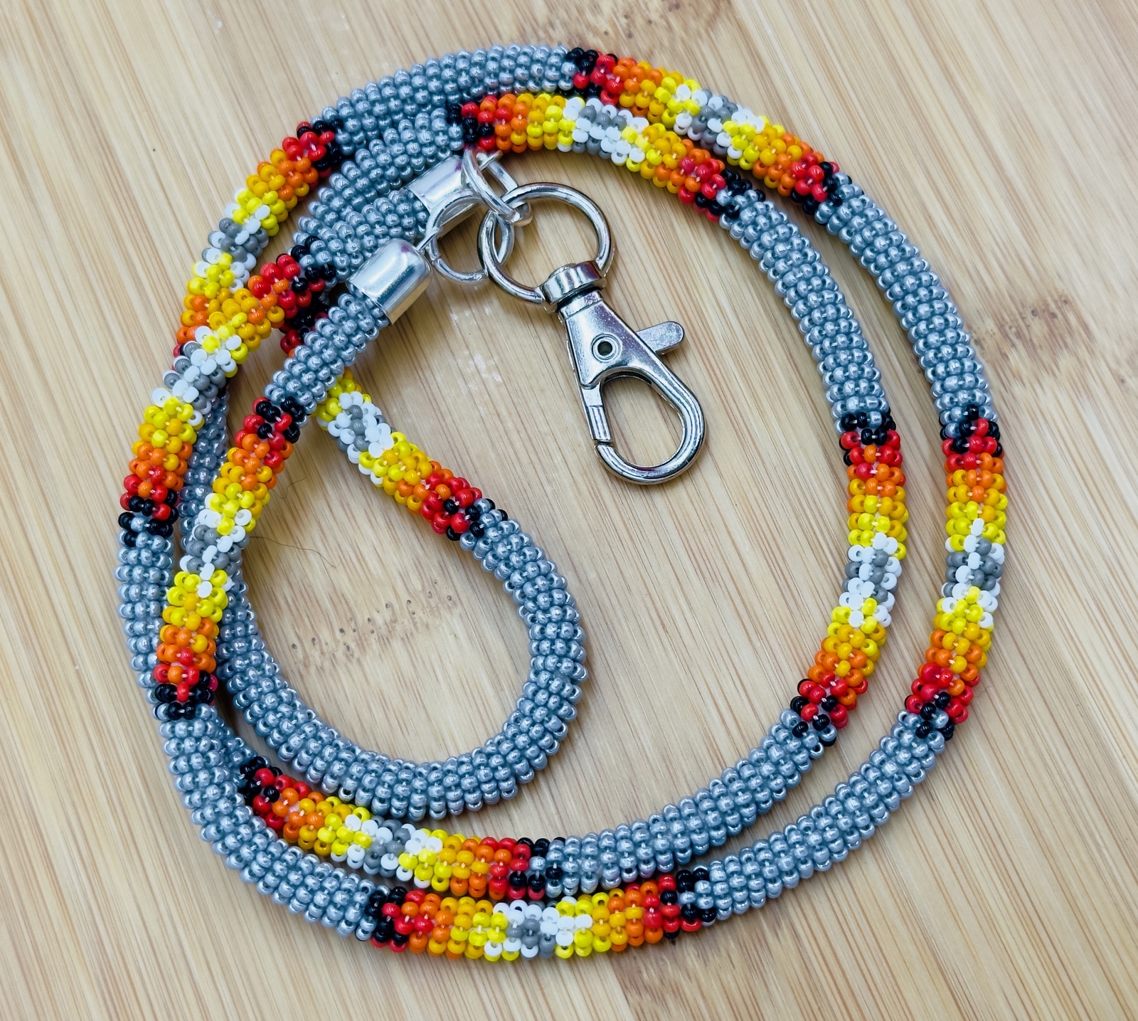 Handmade beaded Grey woven Southwestern lanyard