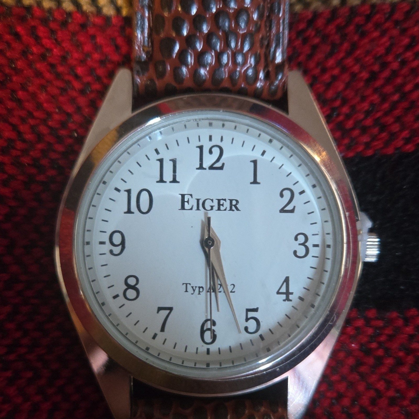 Eiger Quartz Analog Wristwatch White Dial Arabic 12-Hr Silver SS Brown Leather