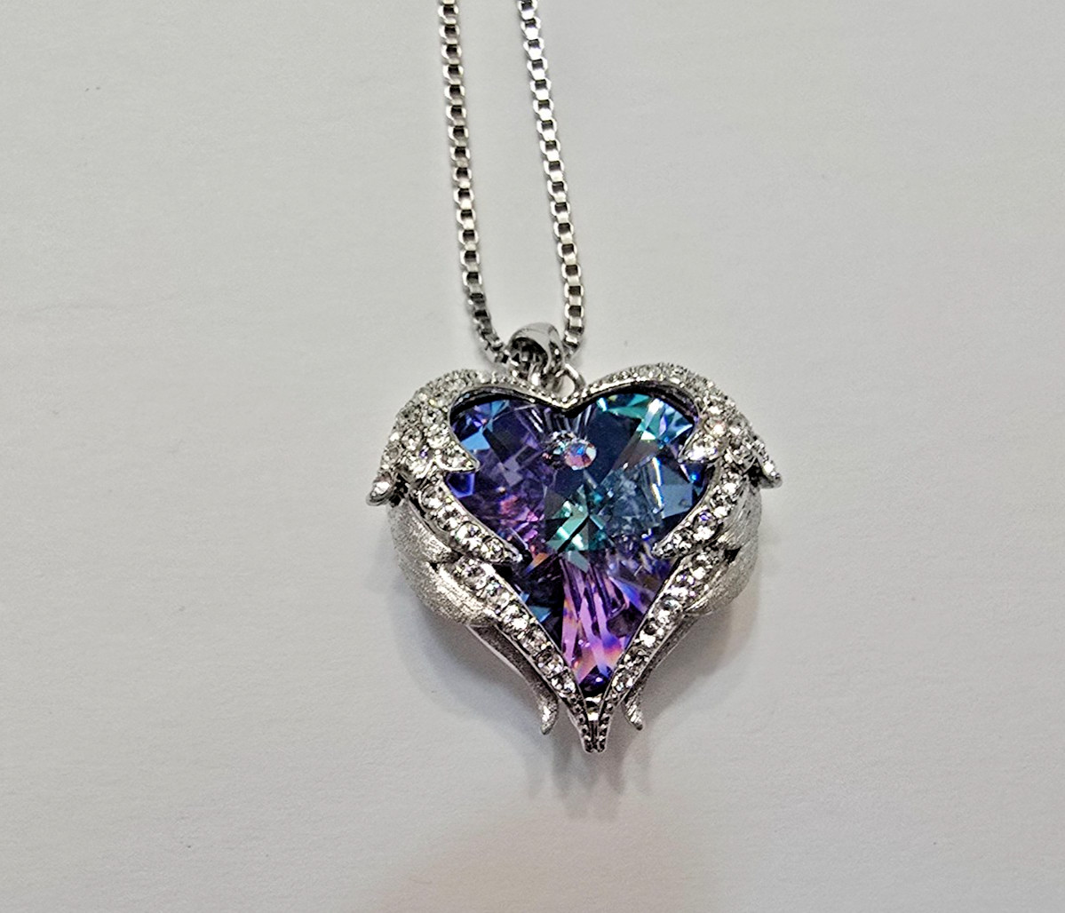 Angel Wings Blue Purple Crystal Heart Silver Tone Pendant Necklace