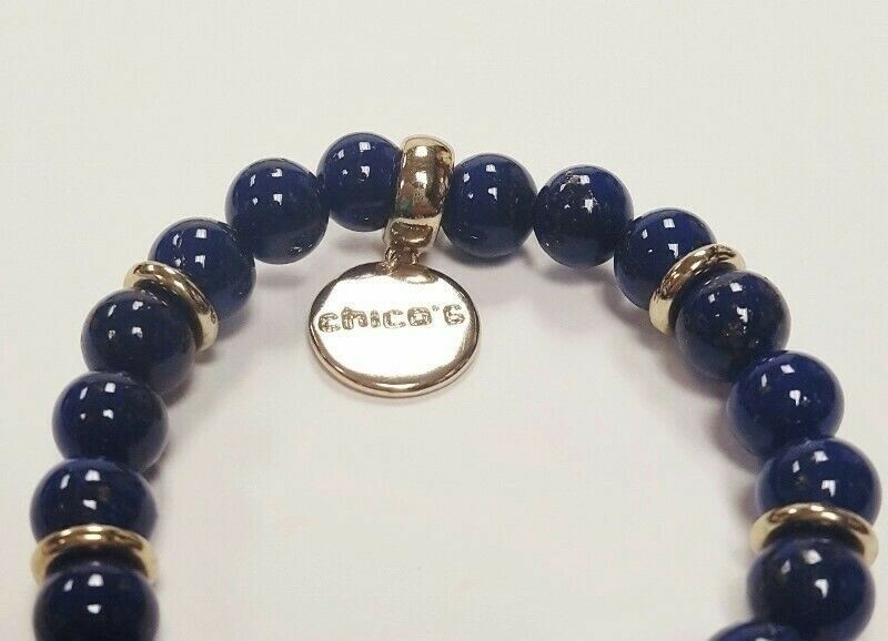 CHICO’S GOLD RHINESTONE ACCENT CIRCLE DESIGN NAVY BEADED STRETCH BRACELET V222