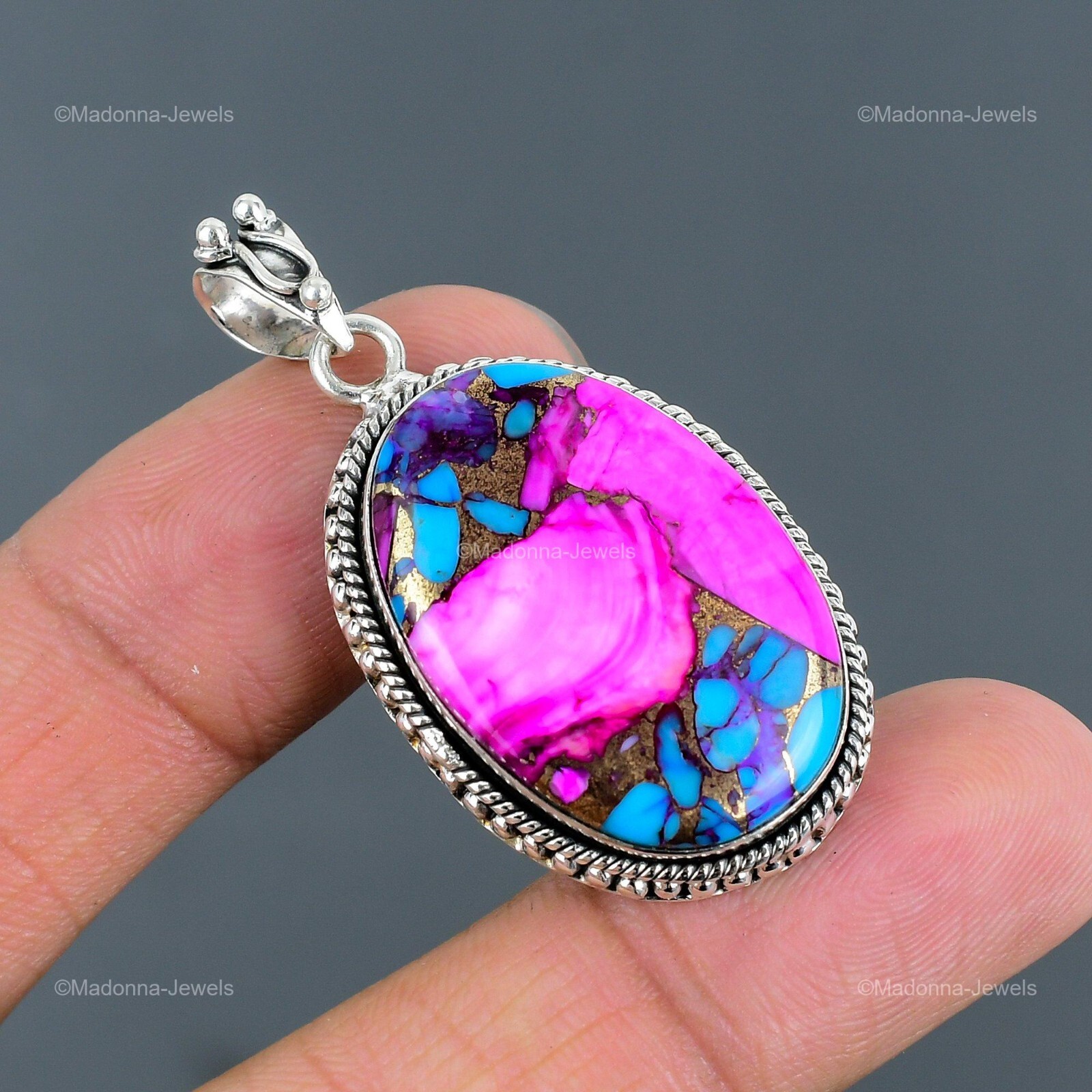 Natural Kingman Pink Dahlia Turquoise Gemstone 925 Silver Bezel Pendant Jewelry