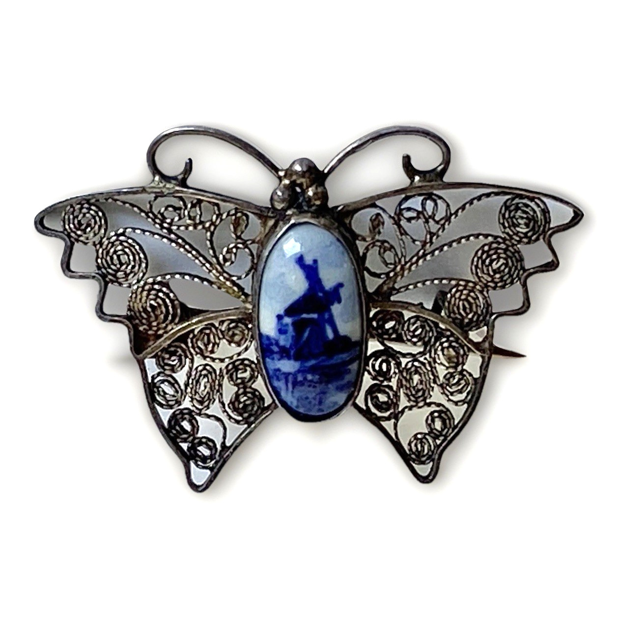 Vintage/Antique 835 Silver Filigree & Delft Miniature Tile Butterfly Pin, 1-3/8″
