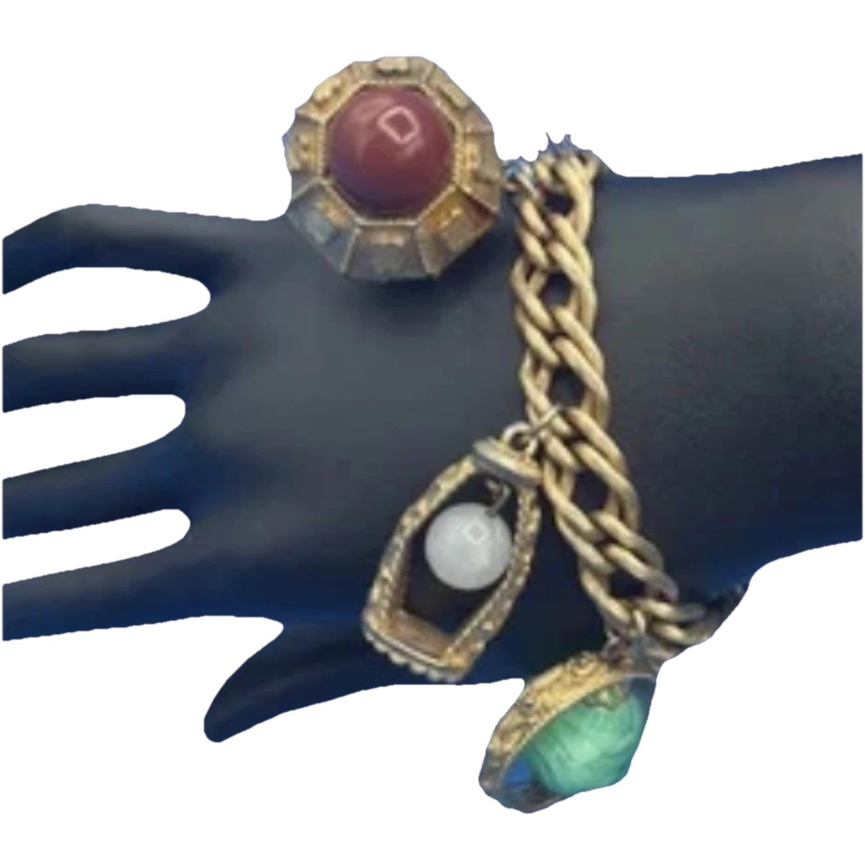 Vintage Etruscan Revival Charm Bracelet Gold Tone Curb Chain Fob Lantern 50s 60s