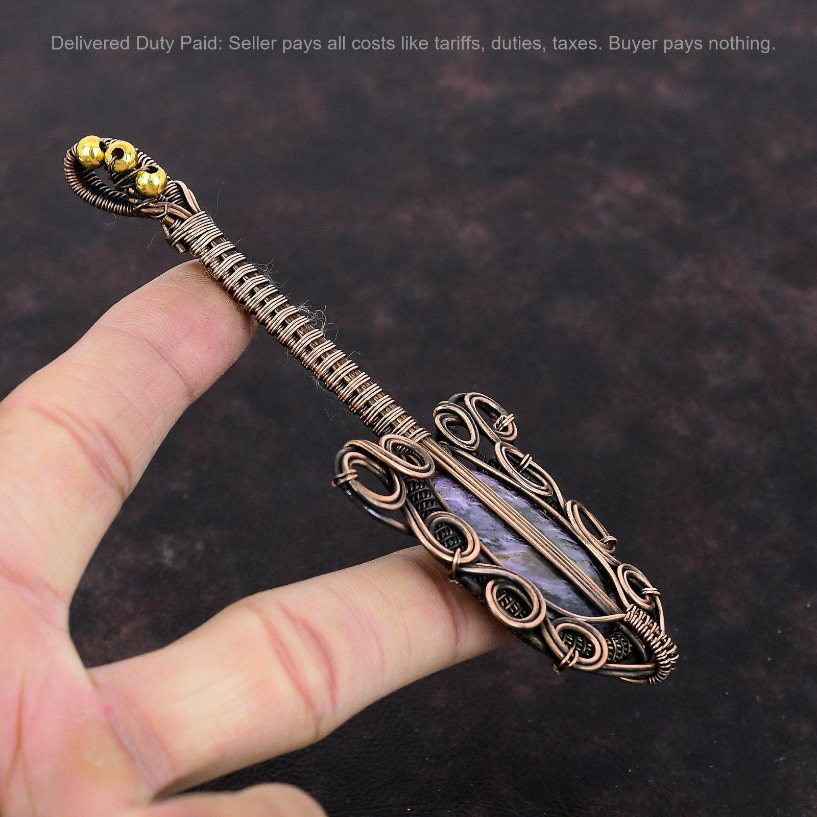 Copper Russian Charoite Stone Wire Wrapped Guitar Engagement New Pendant Jewelry