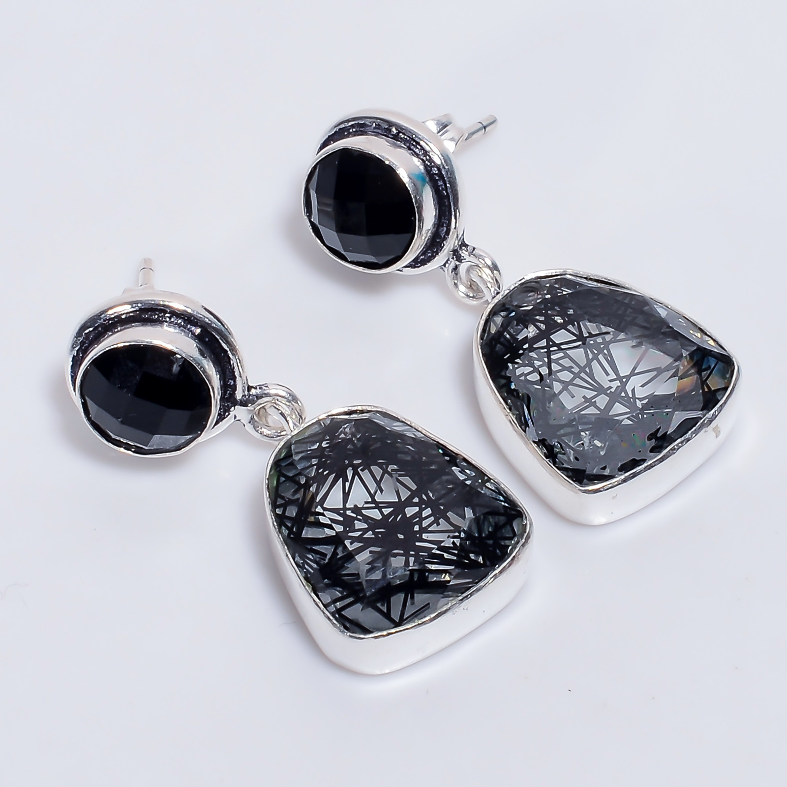 Black Rutile Quartz Onyx Gemstone 925 Silver Handmade Earrings 1.3″ ARE-5693