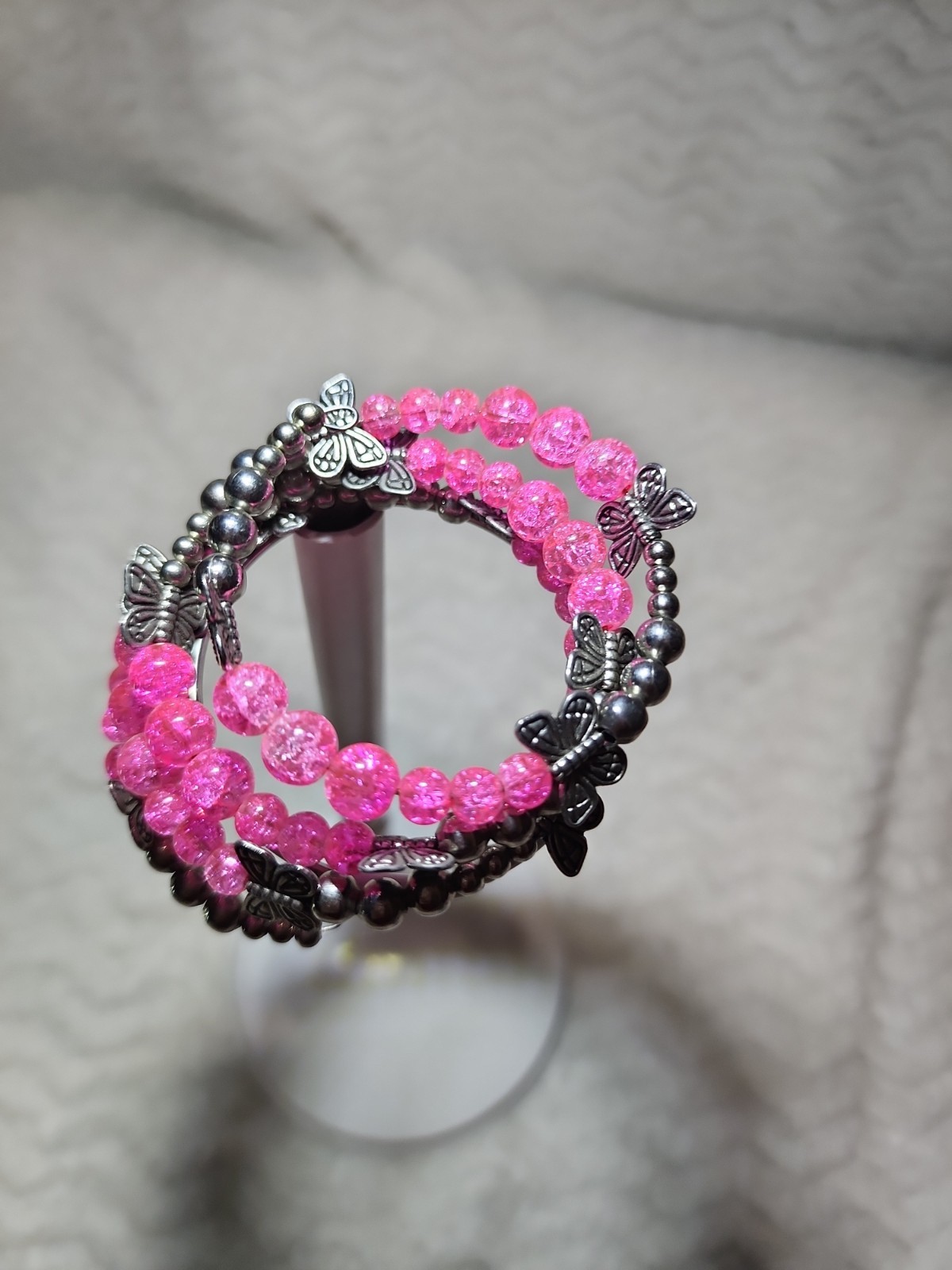 Hot Pink Crackle Glass Memory Wire Bracelet – Multi-Row Butterfly Stack