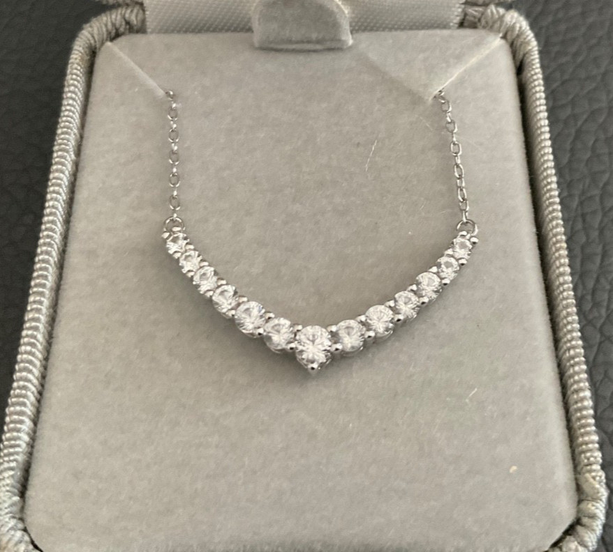 Sterling Silver CZ Curved Bar Necklace Graduated Arc Pendant 17” 925 Chain