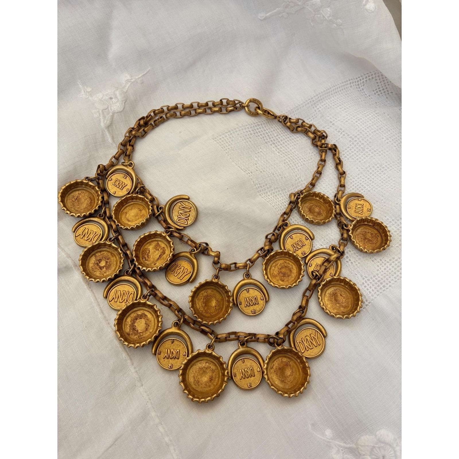 Vintage DKNY Donna Karan Bottle Cap Double Strand Necklace & Clip-On Earrings